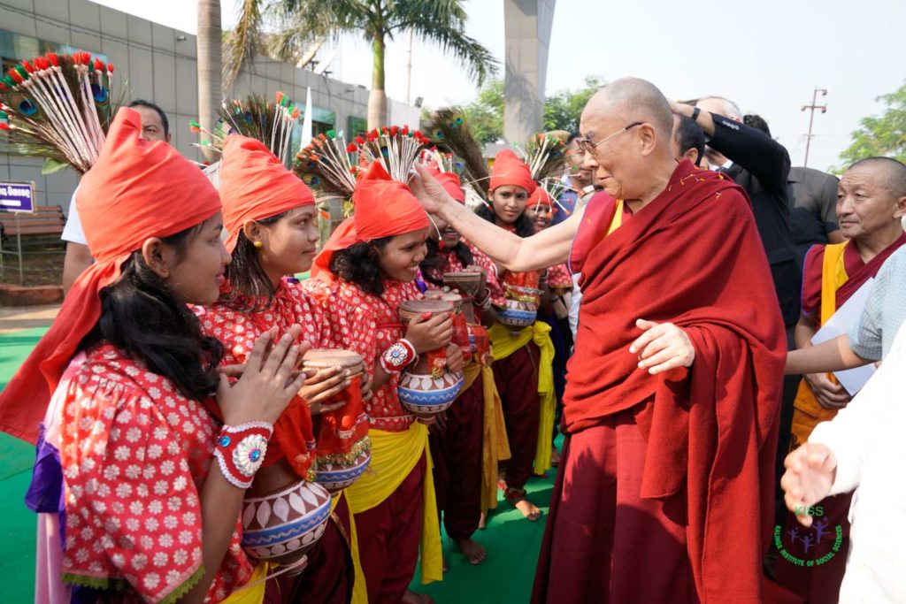 KISS Students welcoming His Holiness The Dalai Lama with traditional costume at KISS Bhubaneswar